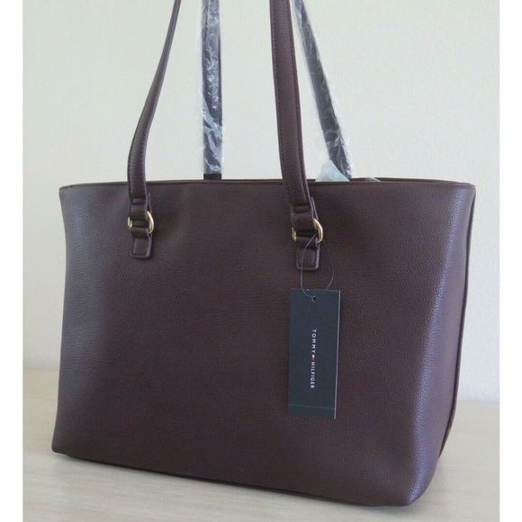 Tommy Hilfiger 69J5211 601 Burgundy Pebbled PU Leather Tote Bag $128 - Picture 5 of 10
